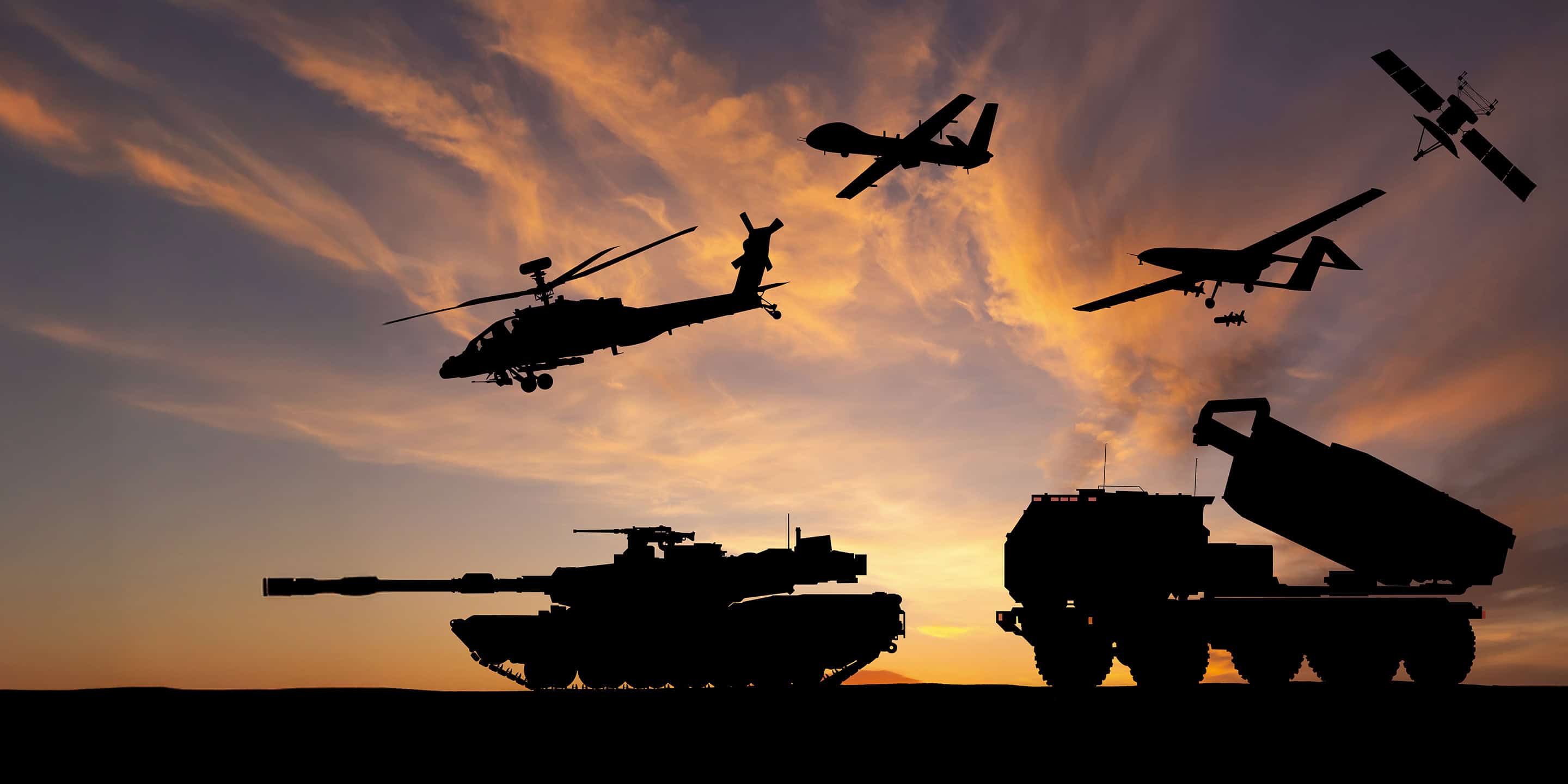 Multi-domain military defense technologies featuring tanks and aircraft